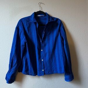 mango blue button-up shirt with cutout flower detail
